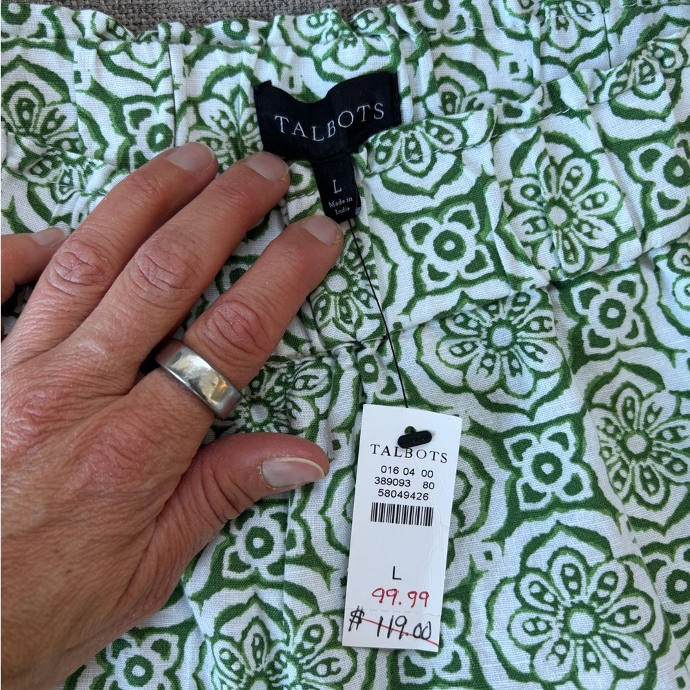 Talbots Wide Crop Washed Linen Blend Green White Pretty Medallion Print Pants L - Picture 6 of 9